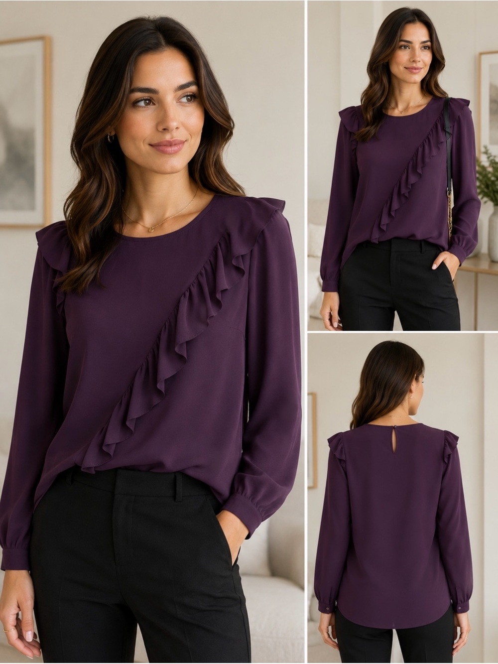 Halogen Purple Ruffle Detail Blouse Size Small